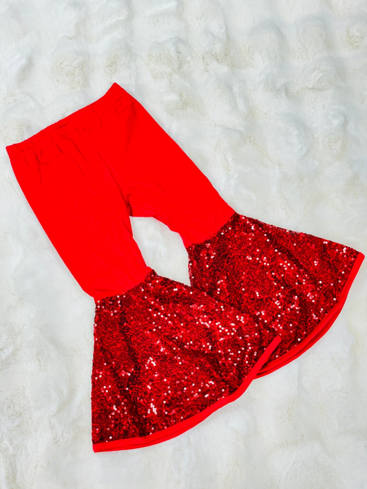 (Custom Design Preorder MOQ 5) Red Sequins Ruffle Girls Bell Bottom Pants