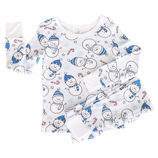 (Custom Design Preorder MOQ 5) Snowman Blue Print Boys Christmas Pajamas Clothes Set