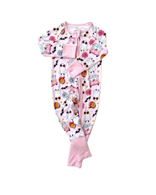 (Custom Design Preorder MOQ 5)  Ghost Pumpkin Flowers Print Baby Girls Halloween Sleeper Zipper Romper