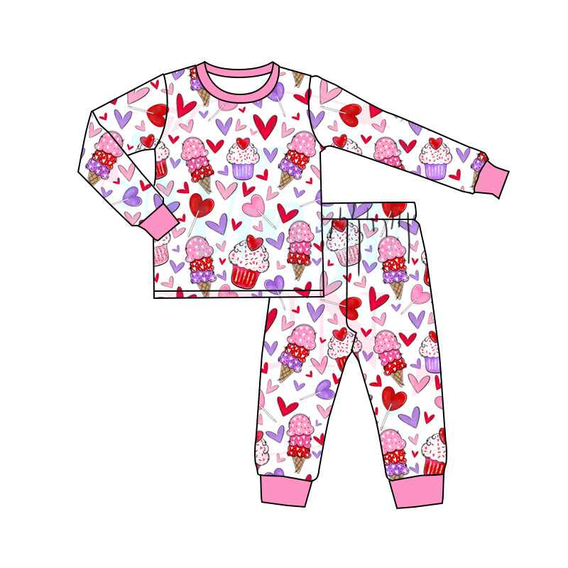 (Custom Design Preorder MOQ 5) Heart Cake Print Girls Valentine's Day Clothes Set