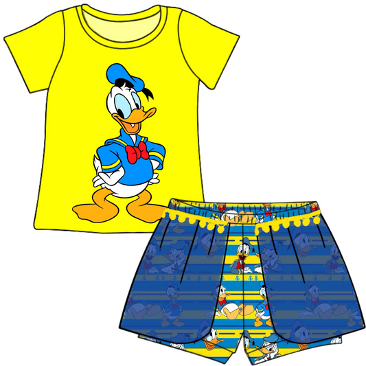 (Custom Design Preorder MOQ 5) Cartoon Duck Print Girls Summer Clothes Set