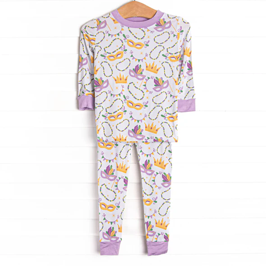 (Custom Design Preorder MOQ 5) Mask Print Girls Mardi Gras Pajamas Clothes Set