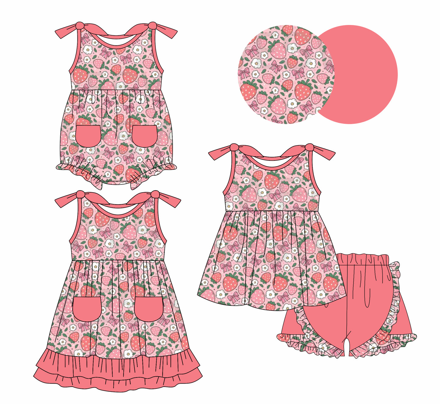 1.6(Custom Design Preorder MOQ 5 Each Design) Strawberry Bows Flowers Print Girls Summer Matching Clothes Sisters Wear