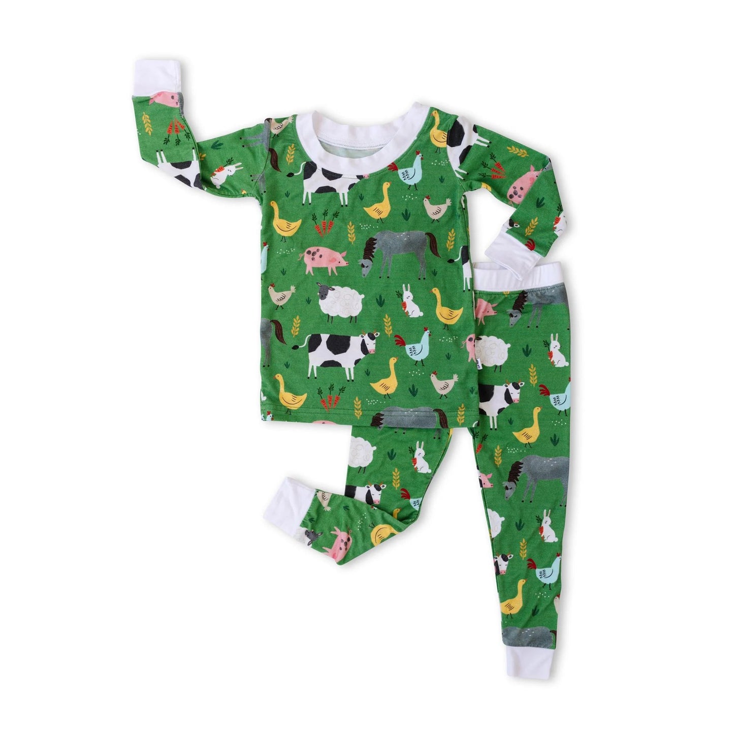 (Custom Design Preorder MOQ 5)  Farm Animals Green Print Boys Fall Pajamas Bamboo Clothes Set