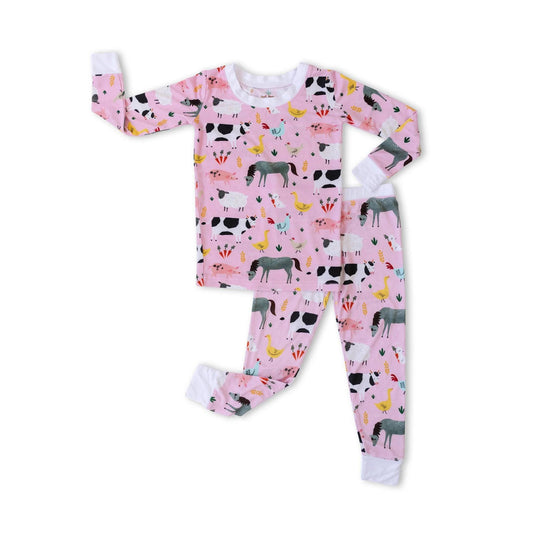 (Custom Design Preorder MOQ 5)  Farm Animals Pink Print Girls Fall Pajamas Bamboo Clothes Set