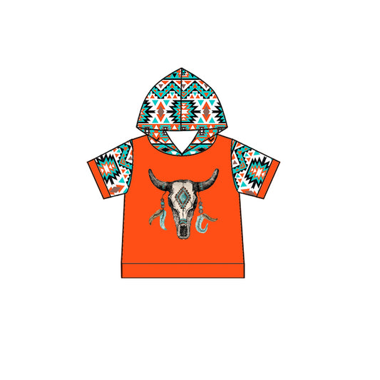 (Custom Design Preorder MOQ 5) Short Sleeve Orange Aztec Boys Western Hoodie Tee Shirts Top