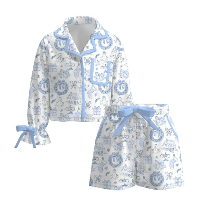 (Custom Design Preorder MOQ 5) Let It Snow Blue Print Girls Clothes Set