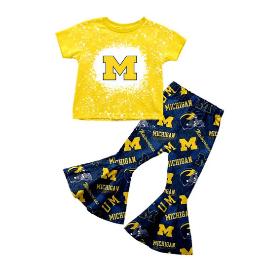 (Custom Design Preorder MOQ 5)  Team's Michigan Print Bell Pants Girls Clothes Set