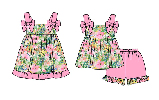 2.24(Custom Design Preorder MOQ 5 Each Design) Pink Flowers Print Girls Summer Matching Clothes Sisters Wear
