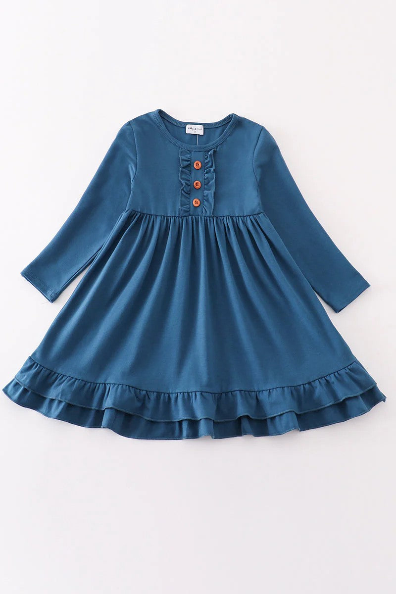 (Custom Design Preorder MOQ 5) Blue Color Girls Long Sleeve Knee Length Dress
