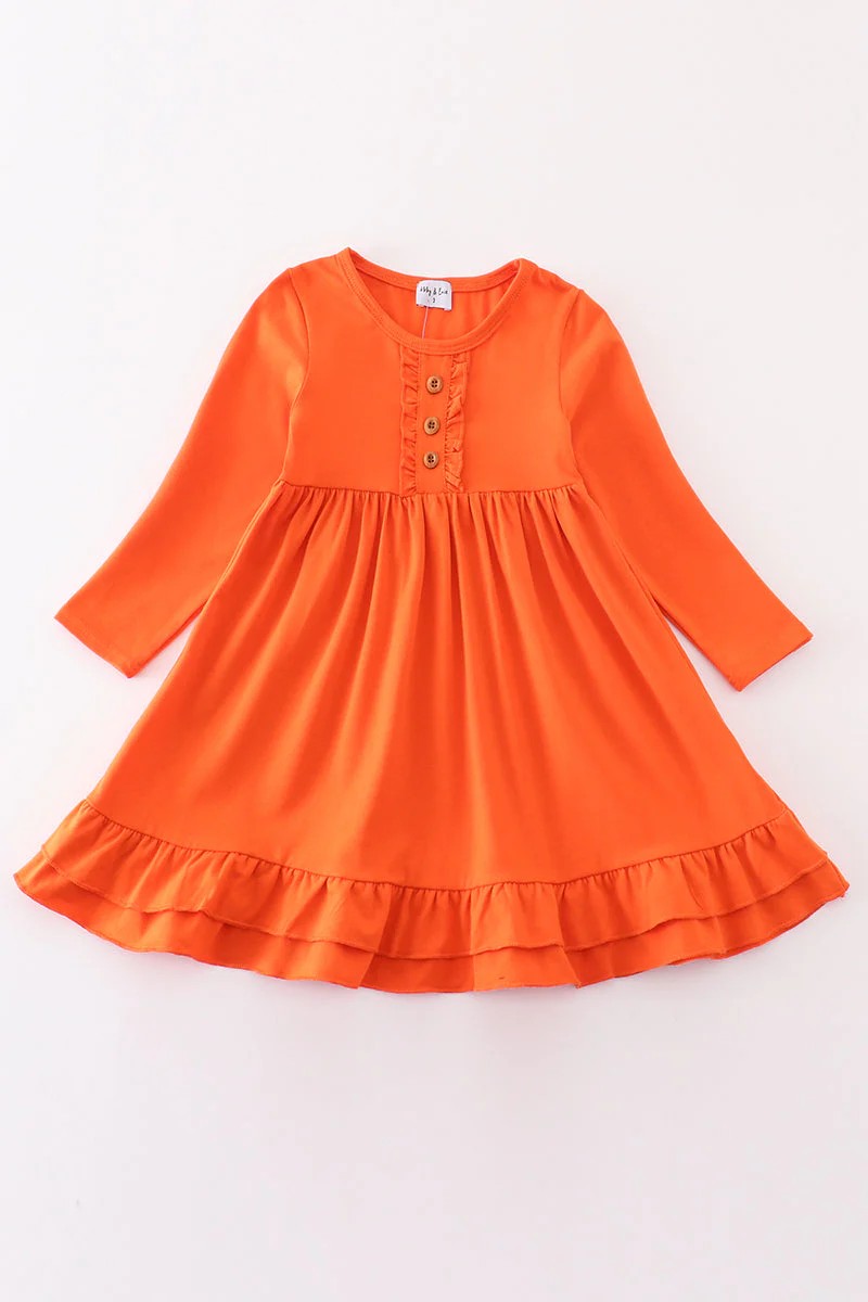 (Custom Design Preorder MOQ 5) Orange Color Girls Long Sleeve Knee Length Dress