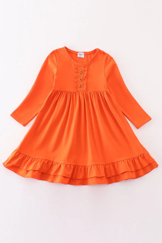 (Custom Design Preorder MOQ 5) Orange Color Girls Long Sleeve Knee Length Dress
