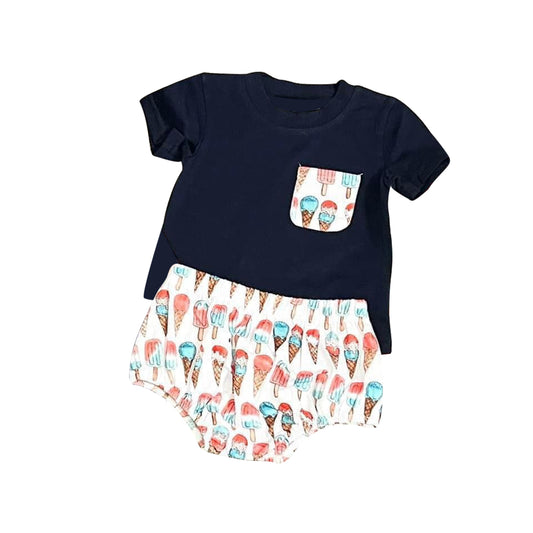 (Custom Design Preorder MOQ 5) Navy Pocket Top Popsicle Shorts Baby Boys 4th of July Bummie Sets