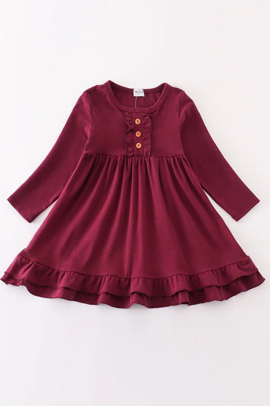 (Custom Design Preorder MOQ 5) Wine Color Girls Long Sleeve Knee Length Dress