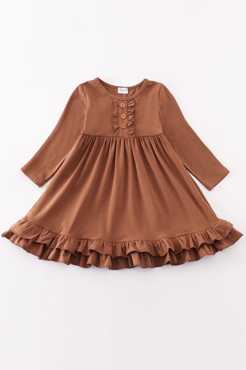 (Custom Design Preorder MOQ 5) Brown Color Girls Long Sleeve Knee Length Dress