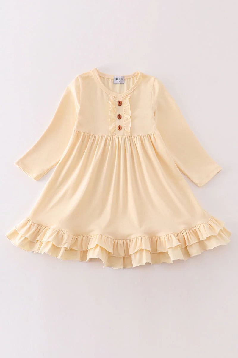 (Custom Design Preorder MOQ 5) Yellow Color Girls Long Sleeve Knee Length Dress