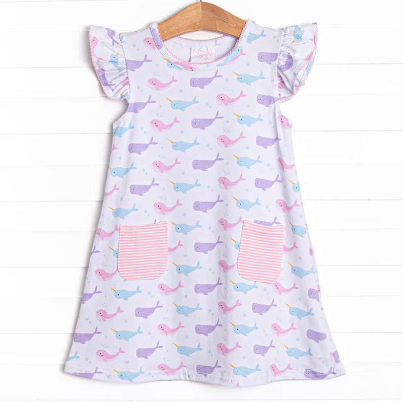 (Custom Design Preorder MOQ 5) Whale Print Pockets Girls Knee Length Summer Dress