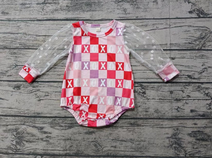 (Custom Design Preorder MOQ 3) XOXO Plaid Print Baby Girls Valentine's Day Romper