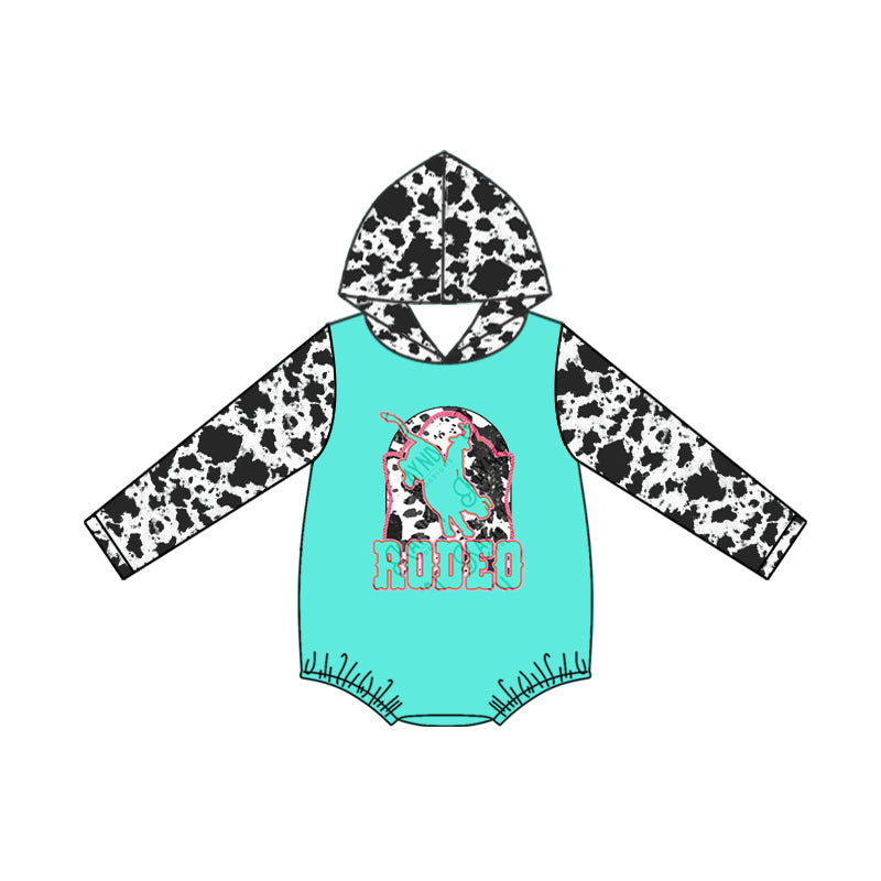 (Custom Design Preorder MOQ 5) Rodeo Aqua Cowhide Print Baby Fall Hoodie Western Romper