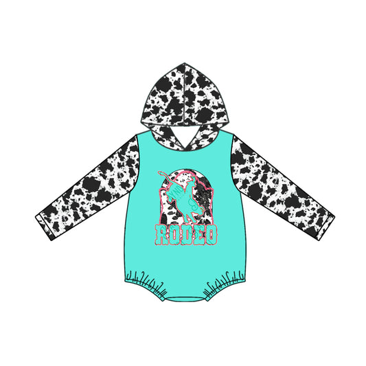 (Custom Design Preorder MOQ 5) Rodeo Aqua Cowhide Print Baby Fall Hoodie Western Romper