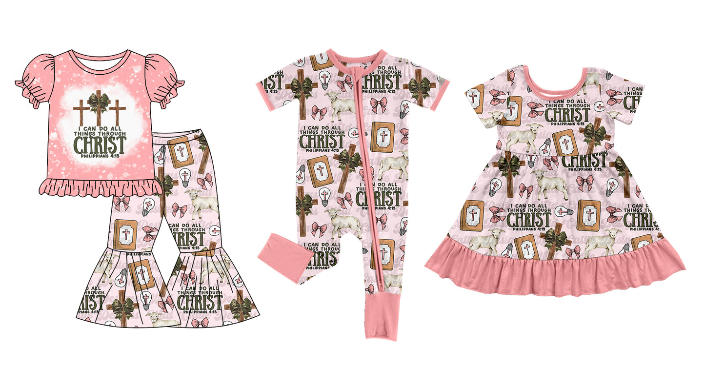 12.5(Custom Design Preorder MOQ 5 Each Design) Cross Pink Print Girls Easter Matching Clothes Sisters Wear
