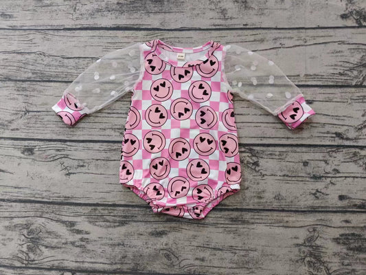 (Custom Design Preorder MOQ 3) Smiling Face Plaid Print Baby Girls Valentine's Day Romper