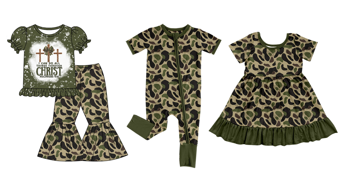 12.5(Custom Design Preorder MOQ 5 Each Design) Cross Camo Print Girls Easter Matching Clothes Sisters Wear