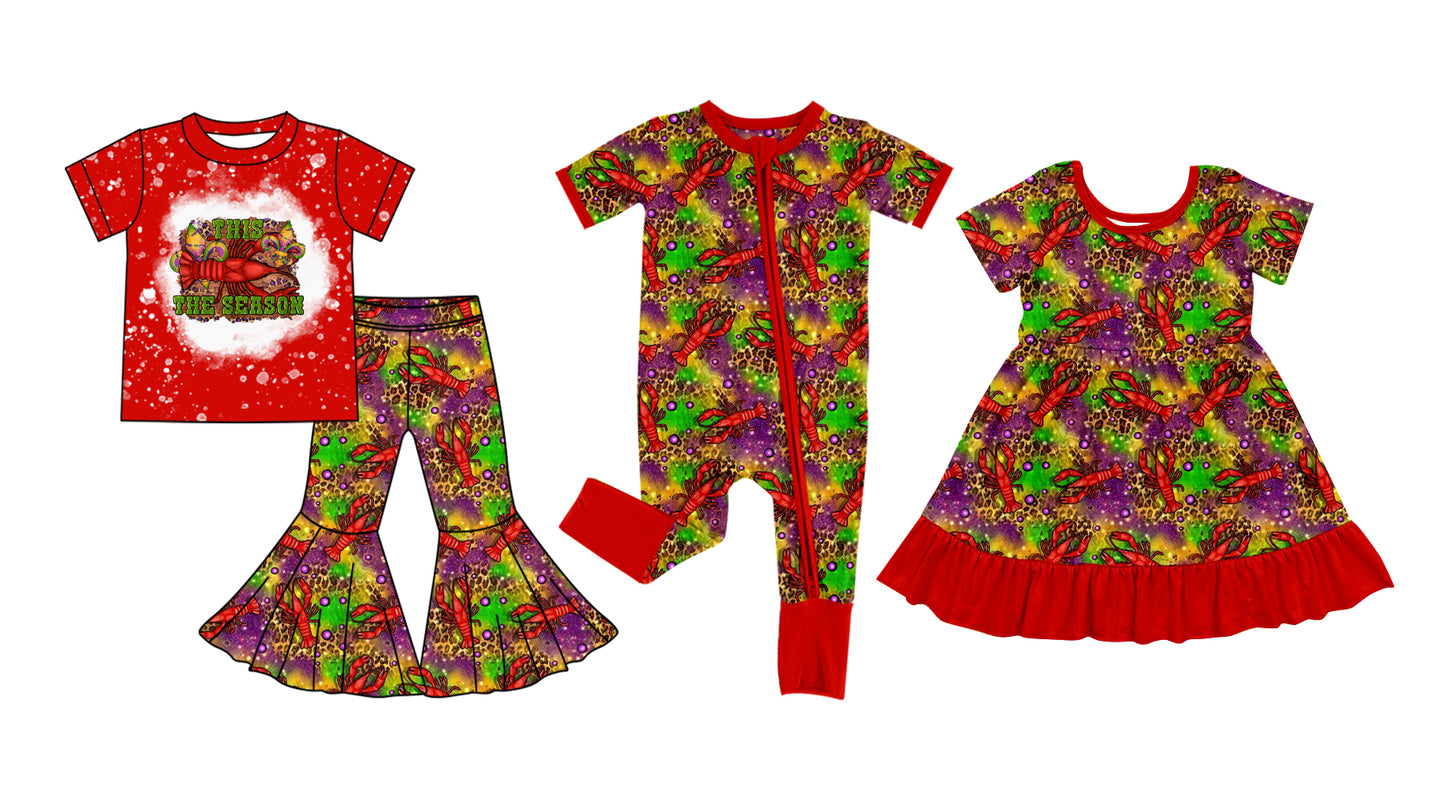 12.5(Custom Design Preorder MOQ 5 Each Design) Crayfish Season Leopard Red Print Girls Mardi Gras Matching Clothes Sisters Wear