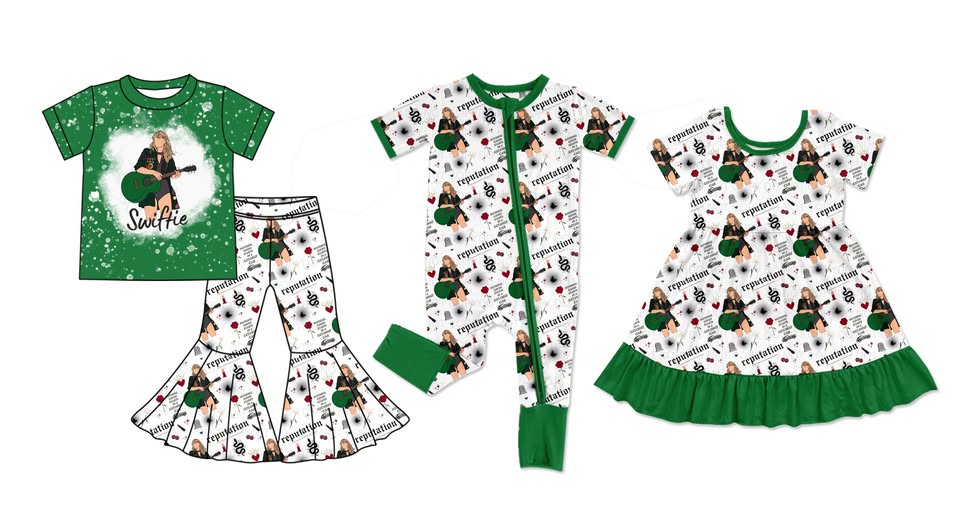 12.6(Custom Design Preorder MOQ 5 Each Design) Singer Swiftie Green Print Girls Matching Clothes Sisters Wear
