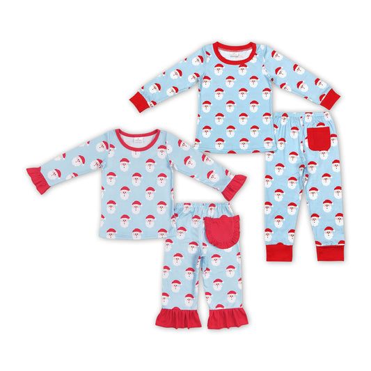 Blue Santa Print Sibling Christmas Pajamas Clothes Set