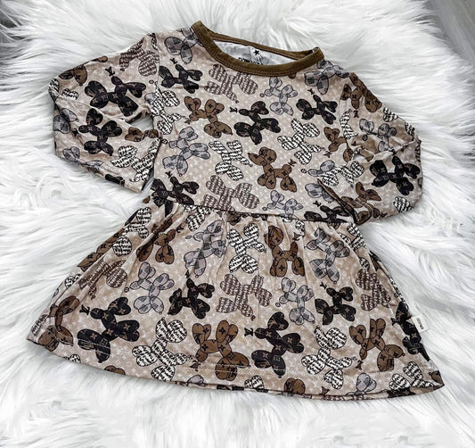 (Custom Design Preorder MOQ 5) L**V Dog Brown Print Girls Knee Length Dress