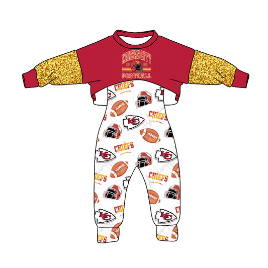 (Custom Design Preorder MOQ 5) Red Top Team's KC White Jumpsuits Girls Fall Clothes Set