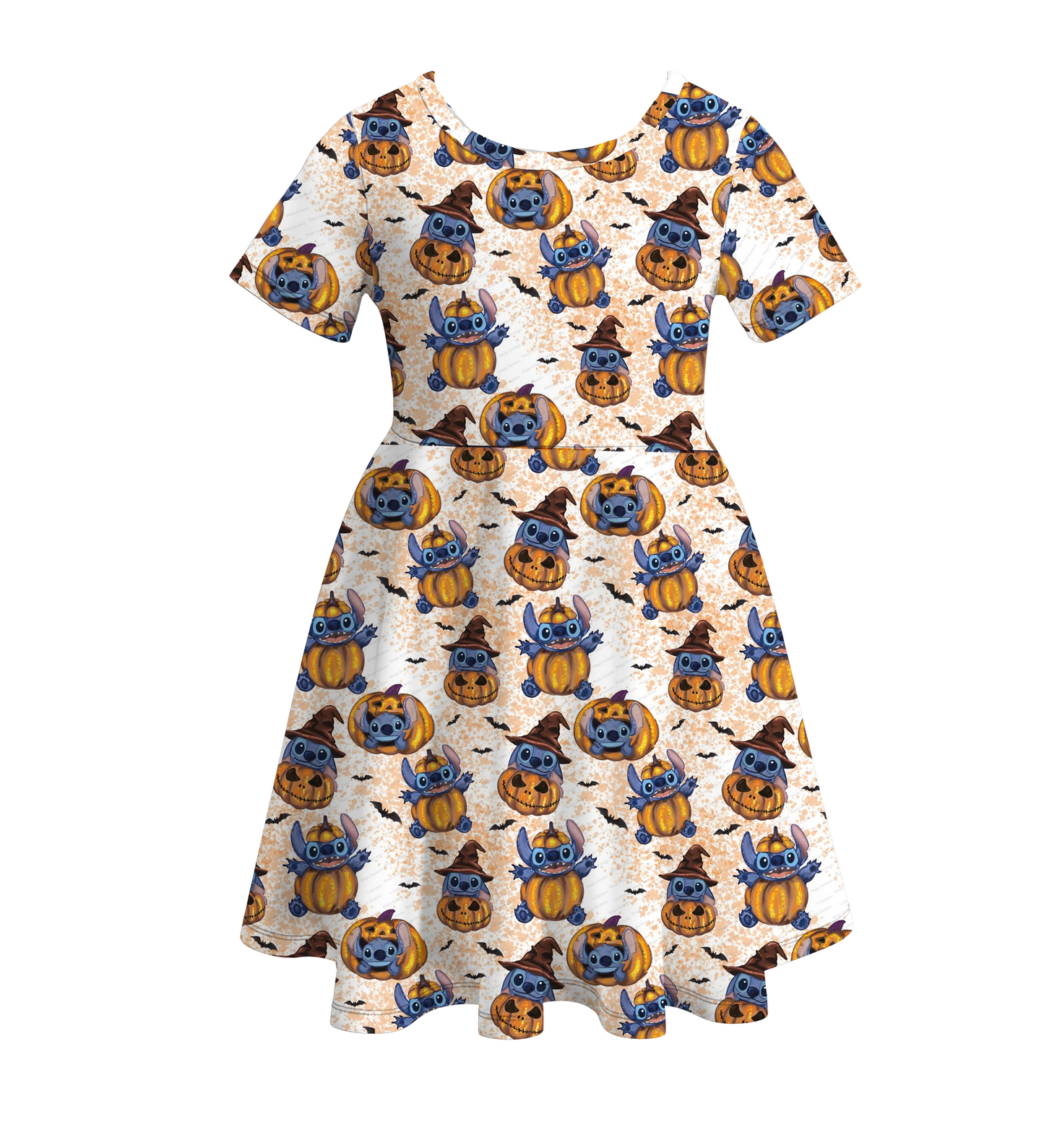 (Custom Design Preorder MOQ 5) Cartoon Animal Pumpkin Print Girls Knee Length Halloween Dress