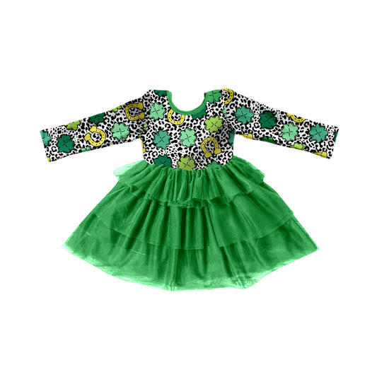 (Custom Design Preorder MOQ 5) Green Quatrefoil Horseshoe Print Girls St. Patrick's Knee Length Tulle Dress