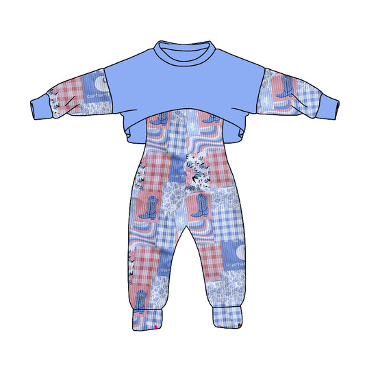 (Custom Design MOQ 5)Blue Plaid Flowers Boots Print Girls Western Fall Jumpsuit Clothes Set