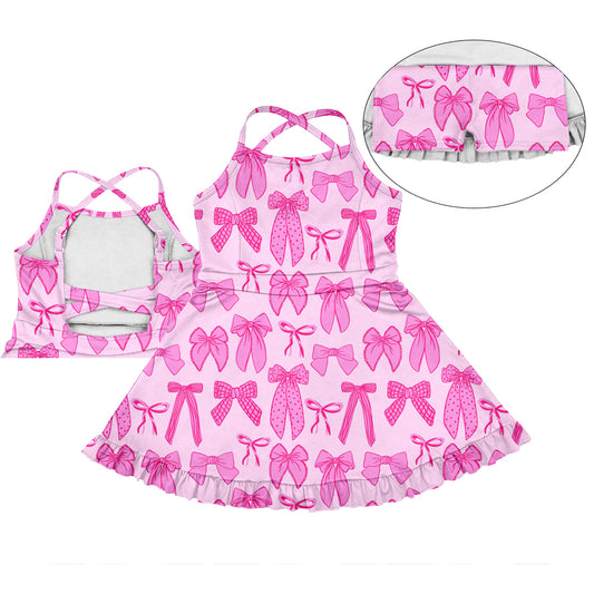 3.10(Custom Design Preorder MOQ 5) Pink Bows Print Girls Summer Knee Length Shorts Dress