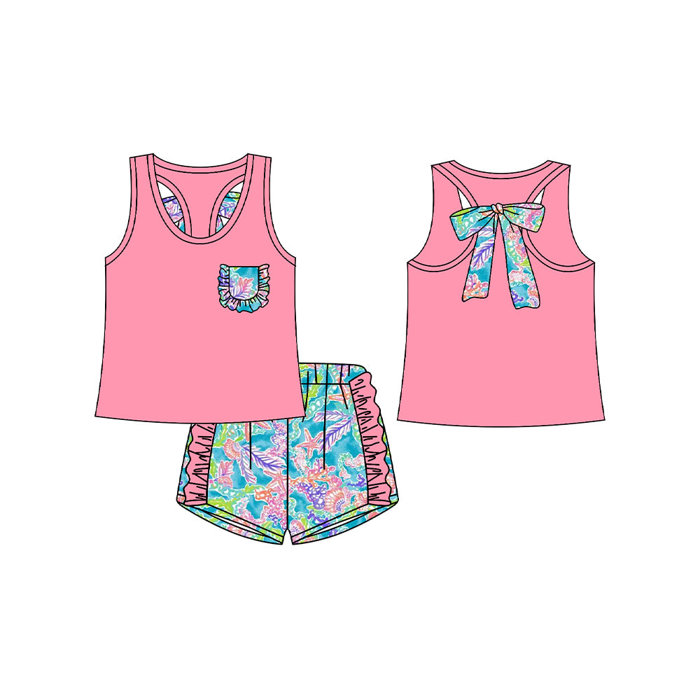 12.14(Custom Design Preorder MOQ 5) Pink Pocket Vest Top Seaweed Shorts Girls Summer Clothes Set