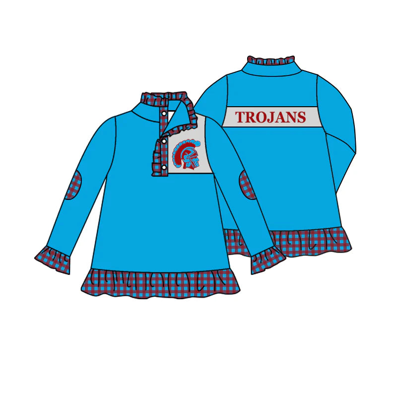 (Custom Design Preorder MOQ 5) Team's Trojans Print Girls Long Sleeve Pullover Buttons Tops