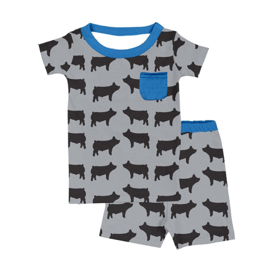 (Custom Design Preorder MOQ 5) Pig Grey Print Boys Summer Pajamas Clothes Set