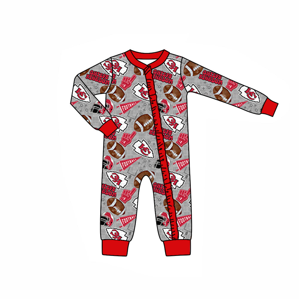 (Custom Design Preorder MOQ 5)  Team's KC Gray Print Baby Girls Fall Sleeper Zipper Romper