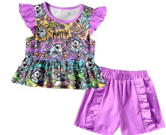 (Custom Design Preorder MOQ 5)  Cartoon Dog Flowers Top Purple Shorts Girls Summer Clothes Set