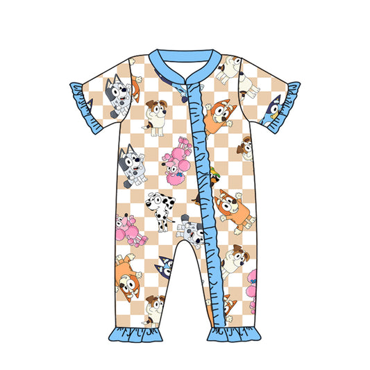(Custom Design Preorder MOQ 5) Cartoon Dog Plaid Print Baby Girls Zipper Romper