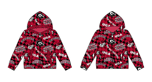 (Custom Design Preorder MOQ 5 ) Team's UGA Georgia Red Print Boys Fall Zipper Hoodie Top