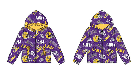 (Custom Design Preorder MOQ 5 ) Team's LSU Purple Print Boys Fall Zipper Hoodie Top