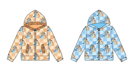 (Custom Design Preorder MOQ 5 ) Cartoon Dog Blue Plaid Print Boys Fall Zipper Hoodie Top