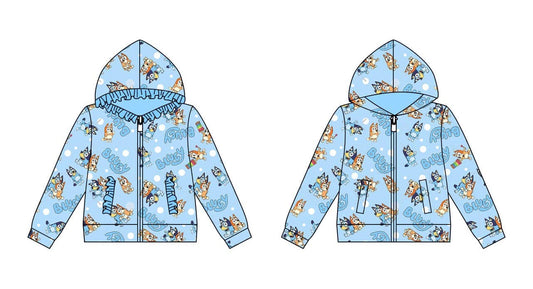 (Custom Design Preorder MOQ 5 ) Cartoon Dog Blue Print Boys Fall Zipper Hoodie Top