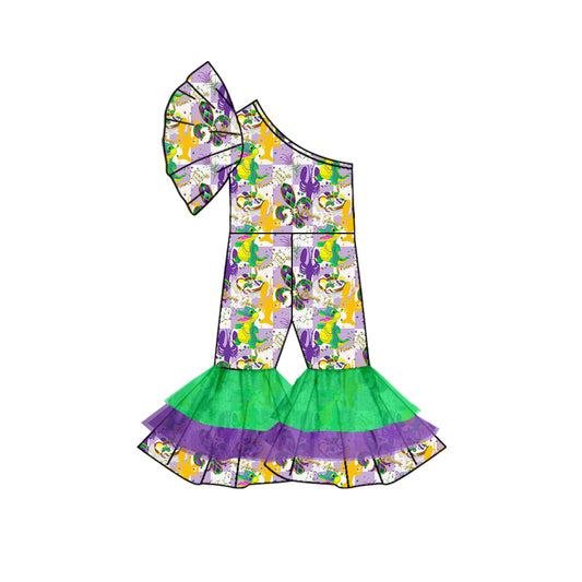 (Custom Design Preorder MOQ 5) Crayfish Crocodile Plaid Print One Shoulder Sleeve Girls Mardi Gras Jumpsuits