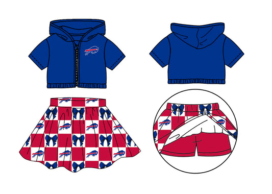 (Custom Design Preorder MOQ 5 Each Color) Team's Bills Bows Plaid Print Girls Summer Clothes Sisters Matching Wear