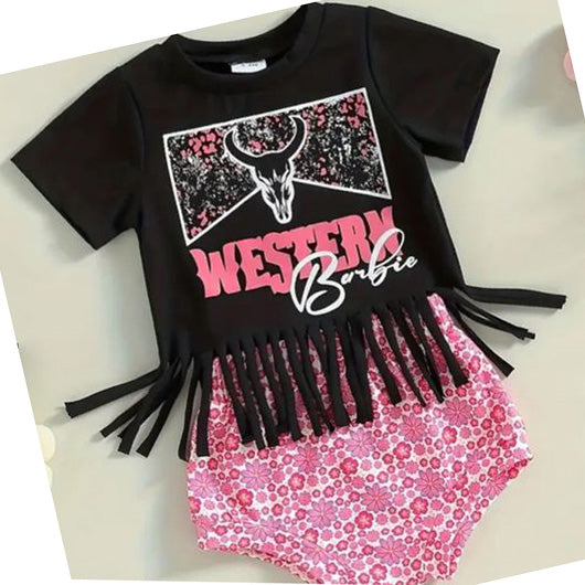 (Custom Design Preorder MOQ 5) Western Tassel Top Flowers Shorts Baby Girls Summer Bummie Set