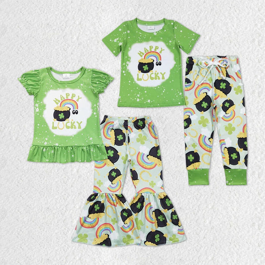 Happy Lucky Rainbow Golden Print Sibling St. Patrick's Day Matching Clothes